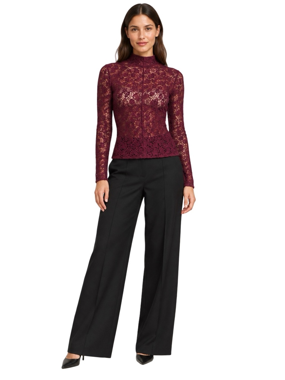 NWT Mango XSELENA Burgundy Floral Lace Mock Neck Long Sleeve Top Medium